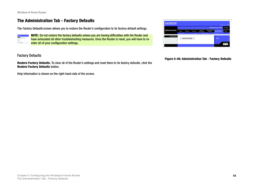 Linksys WRT150N manual Administration Tab Factory Defaults 