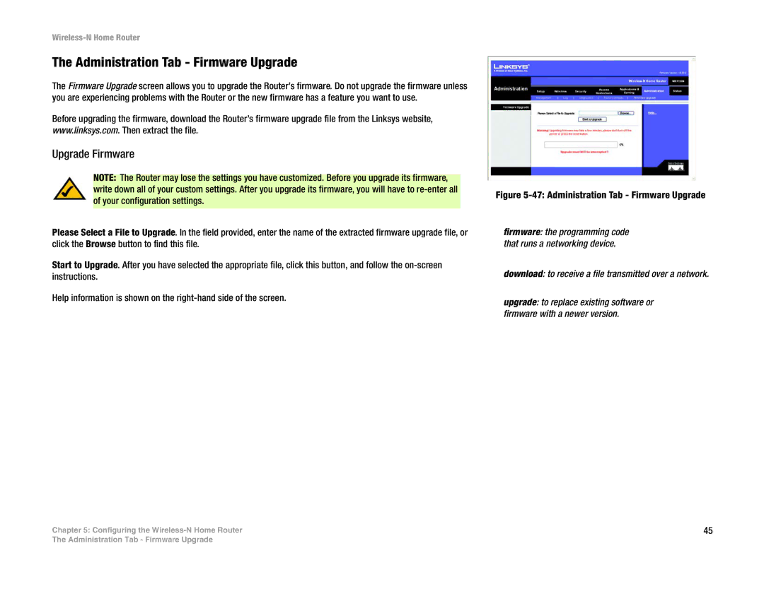 Linksys WRT150N manual Administration Tab Firmware Upgrade, Upgrade Firmware 