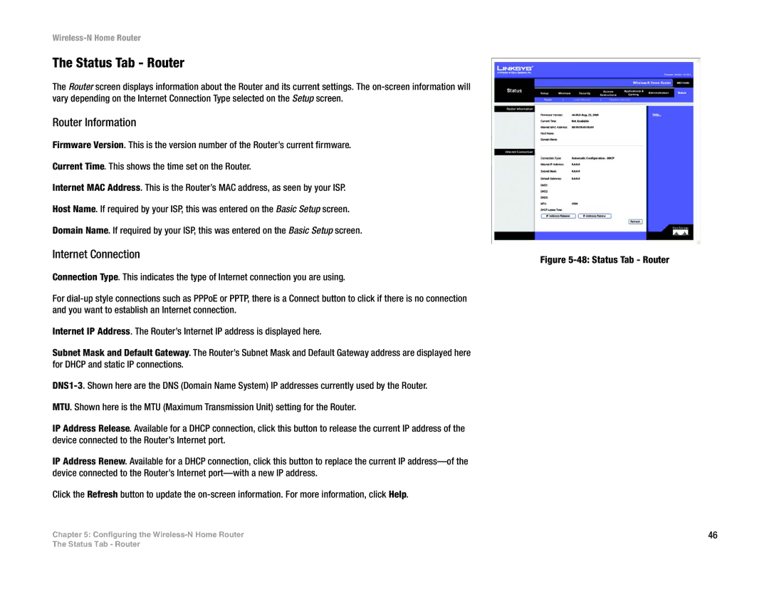 Linksys WRT150N manual Status Tab Router, Router Information, Internet Connection 