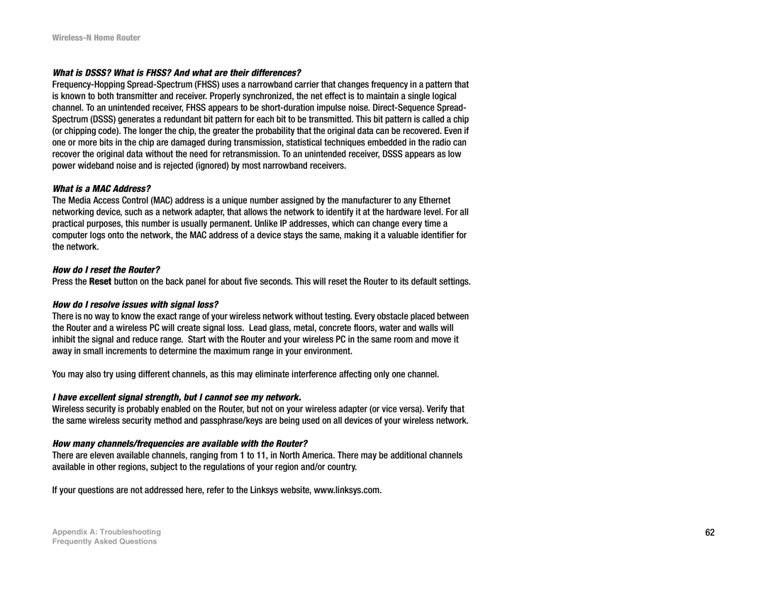 Linksys WRT150N manual What is DSSS? What is FHSS? And what are their differences?, What is a MAC Address? 