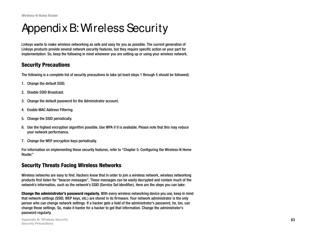 Linksys WRT150N manual Appendix B Wireless Security, Security Precautions, Security Threats Facing Wireless Networks 