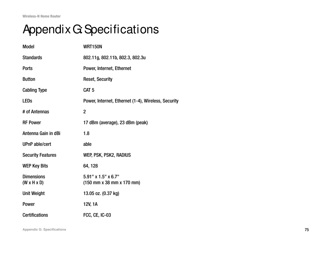 Linksys WRT150N manual Appendix G Specifications, Model, LEDs 