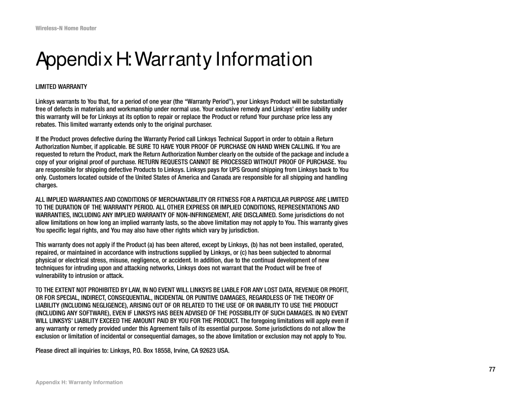 Linksys WRT150N manual Appendix H Warranty Information, Limited Warranty 