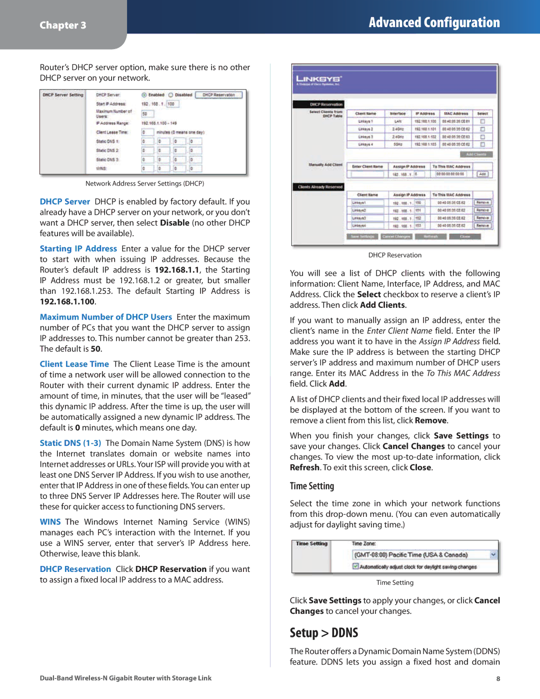 Linksys WRT160N manual Setup Ddns, Time Setting 