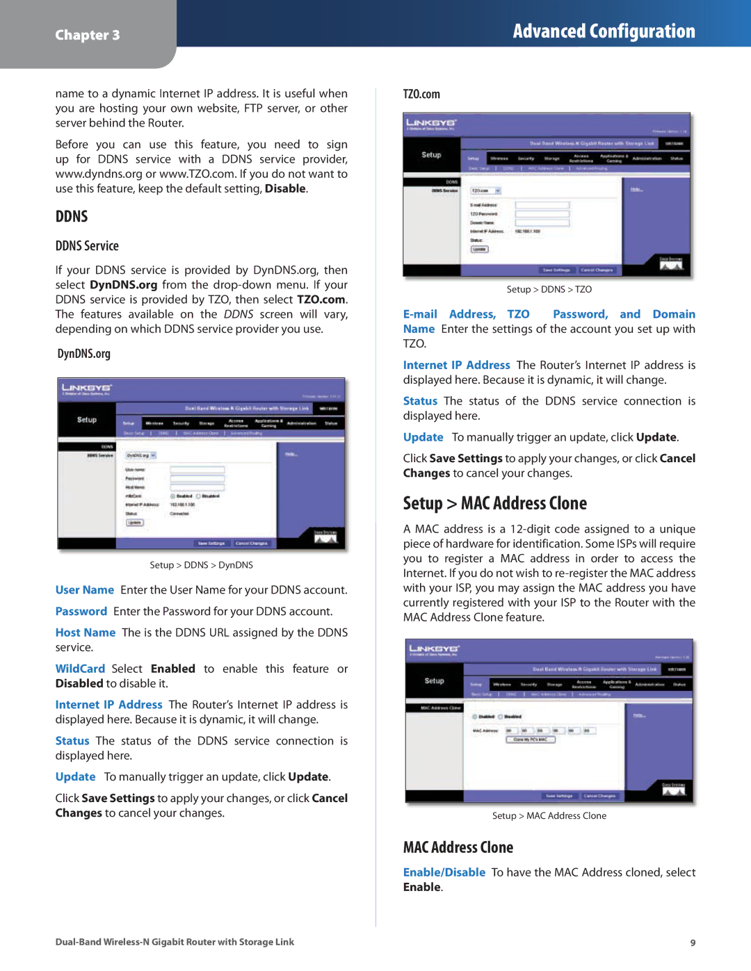 Linksys WRT160N manual Setup MAC Address Clone, Ddns Service, DynDNS.org, TZO.com 