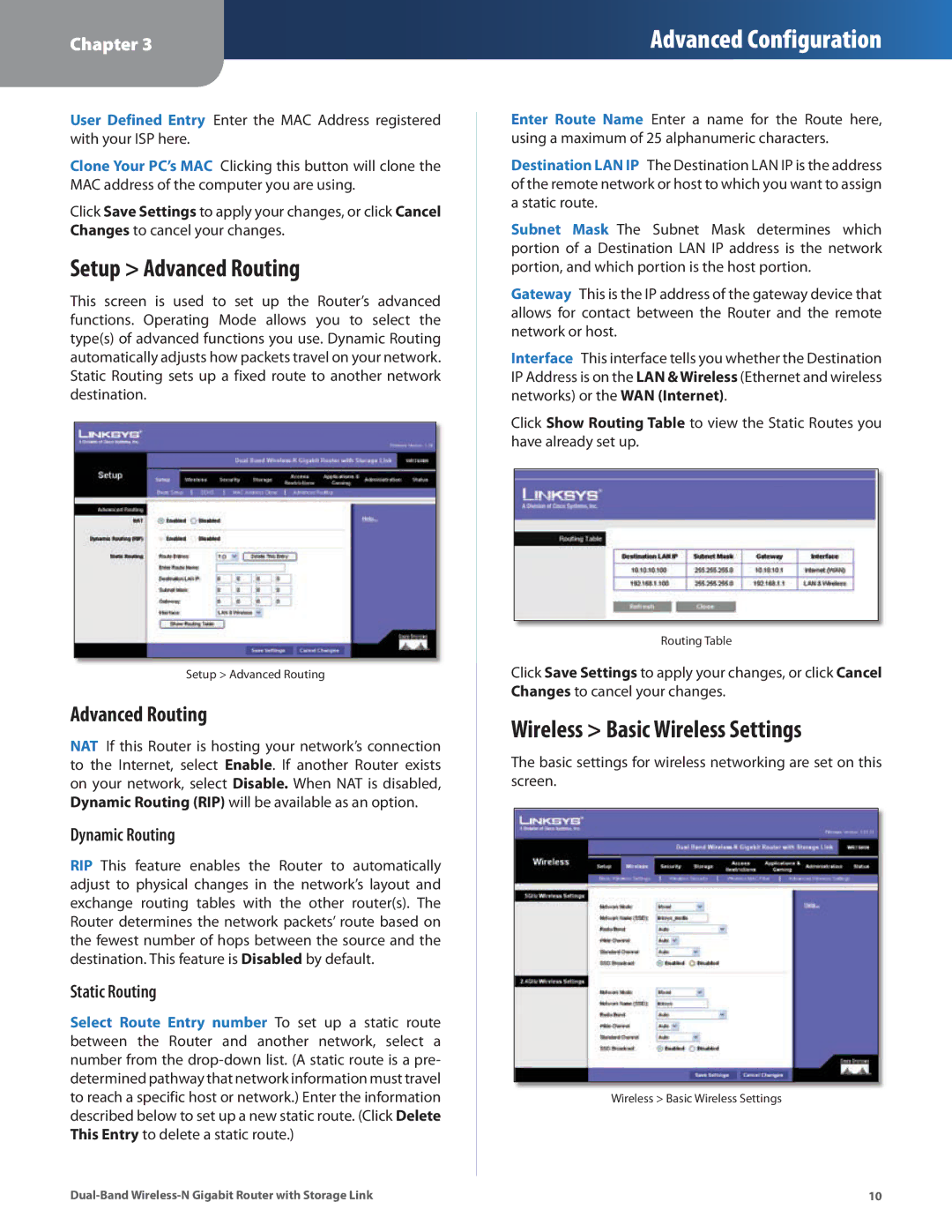 Linksys WRT160N manual Setup Advanced Routing, Wireless Basic Wireless Settings, Dynamic Routing, Static Routing 