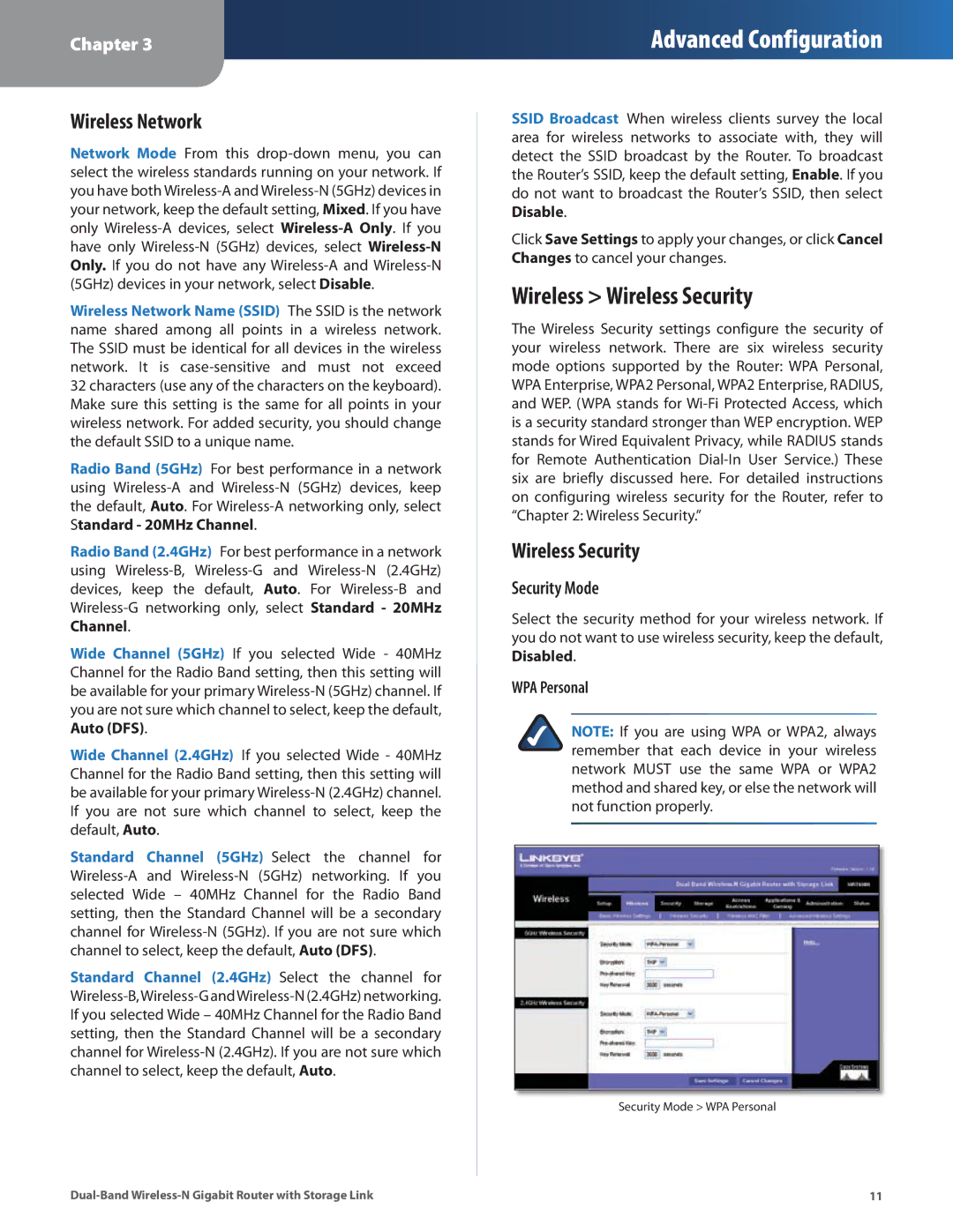 Linksys WRT160N manual Wireless Wireless Security, Wireless Network, Security Mode, WPA Personal 