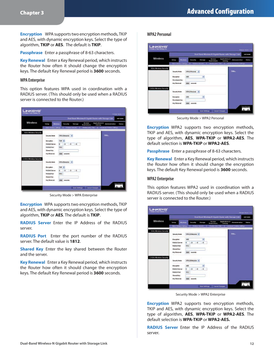 Linksys WRT160N manual WPA Enterprise, WPA2 Personal, WPA2 Enterprise 