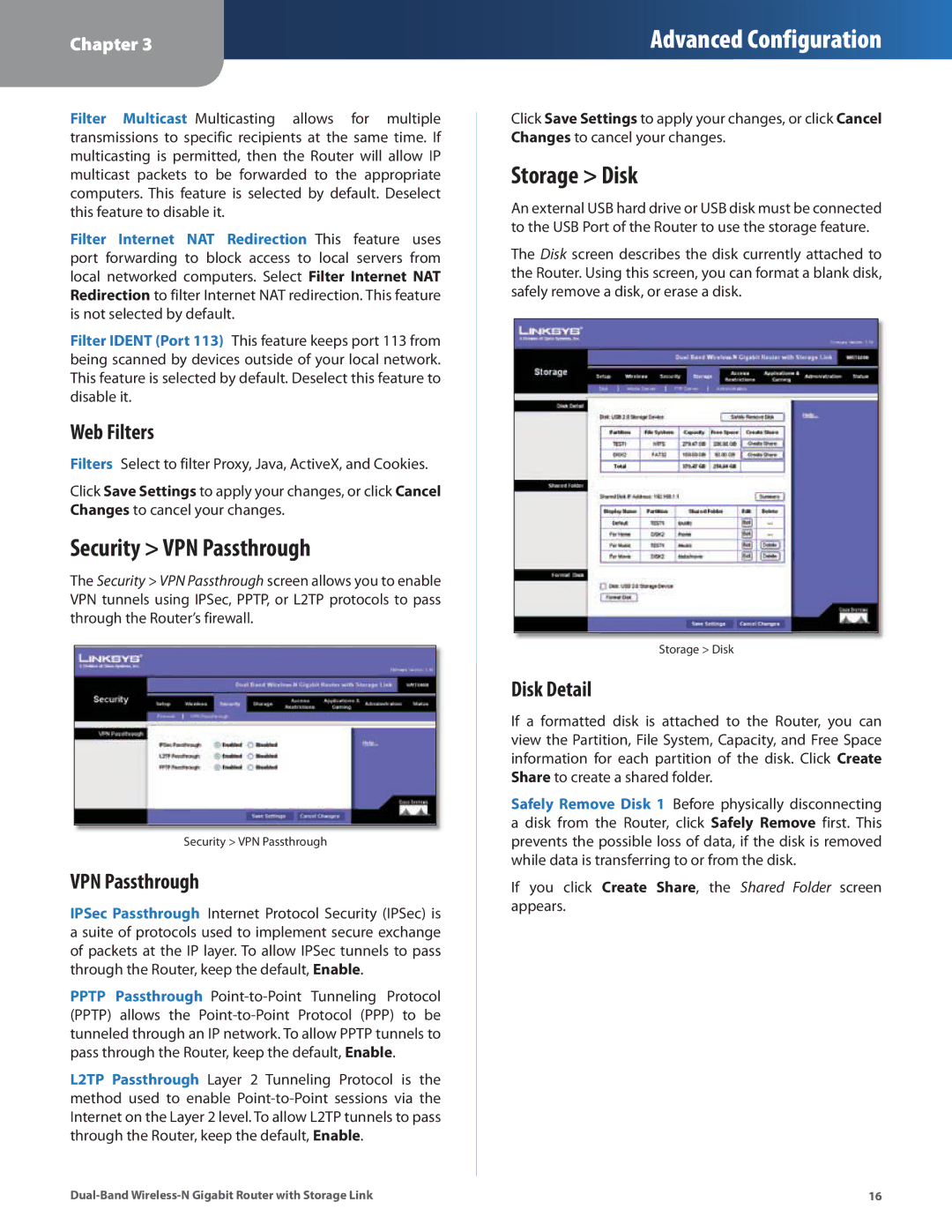 Linksys WRT160N manual Security VPN Passthrough, Storage Disk, Web Filters, Disk Detail 