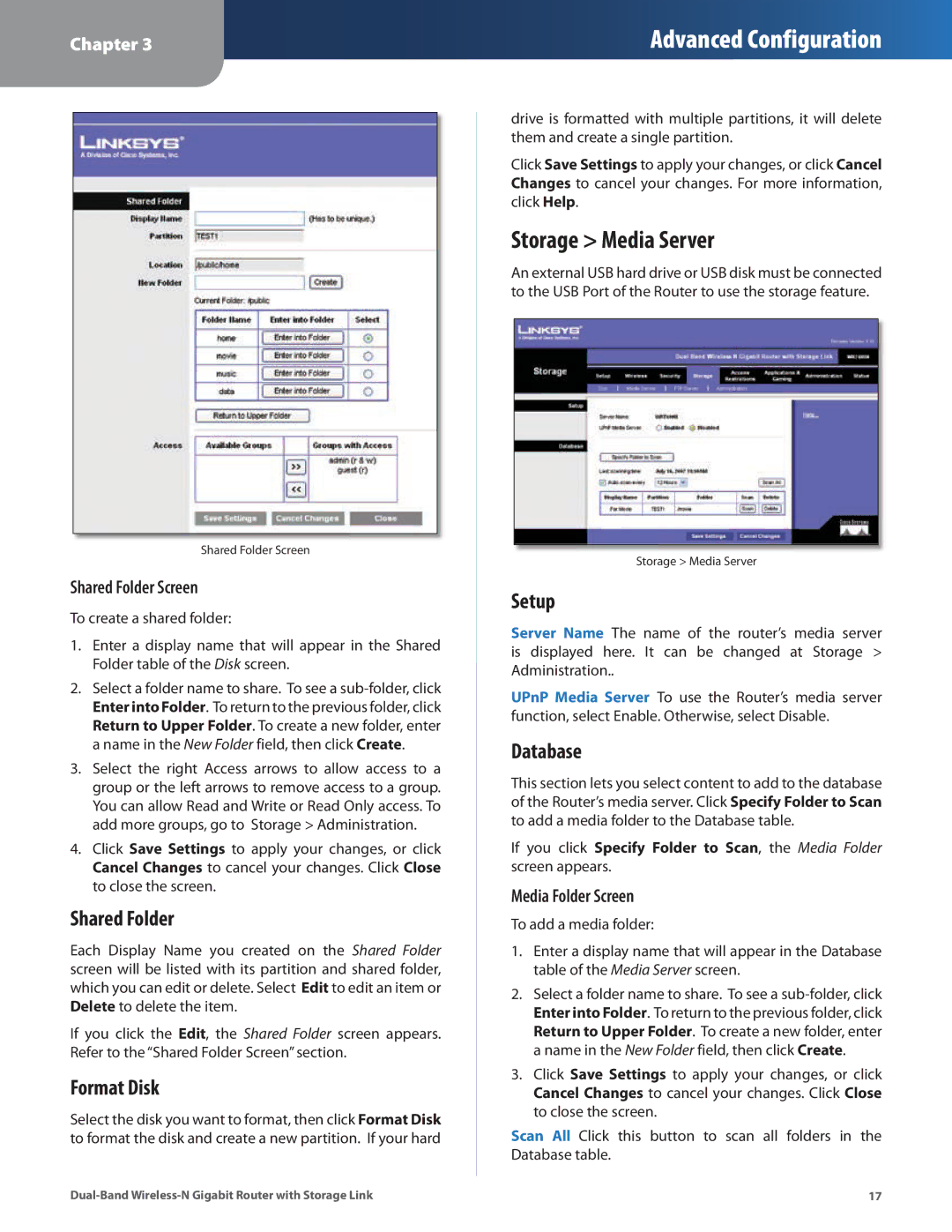 Linksys WRT160N manual Storage Media Server, Shared Folder, Format Disk, Setup, Database 