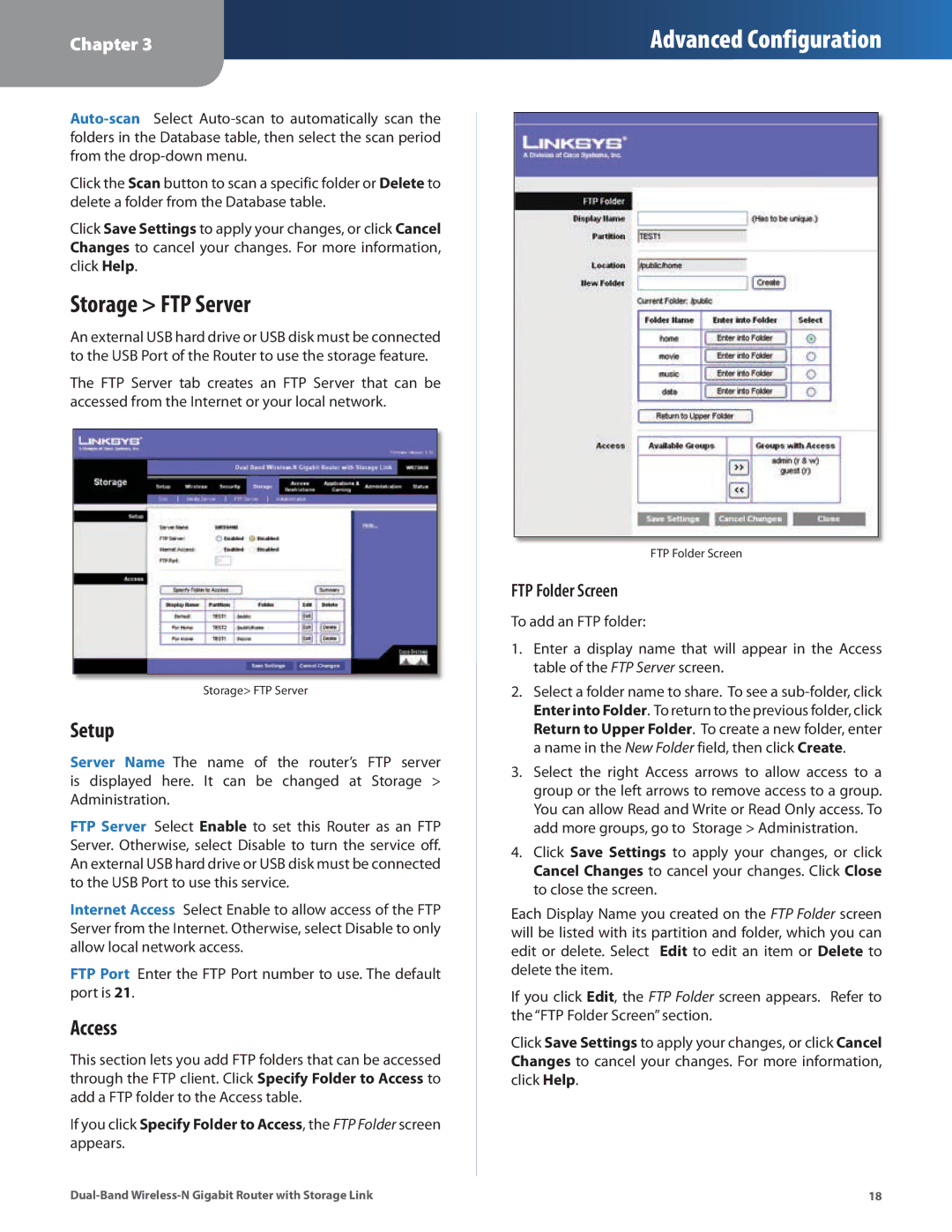 Linksys WRT160N manual Storage FTP Server, Access, FTP Folder Screen 