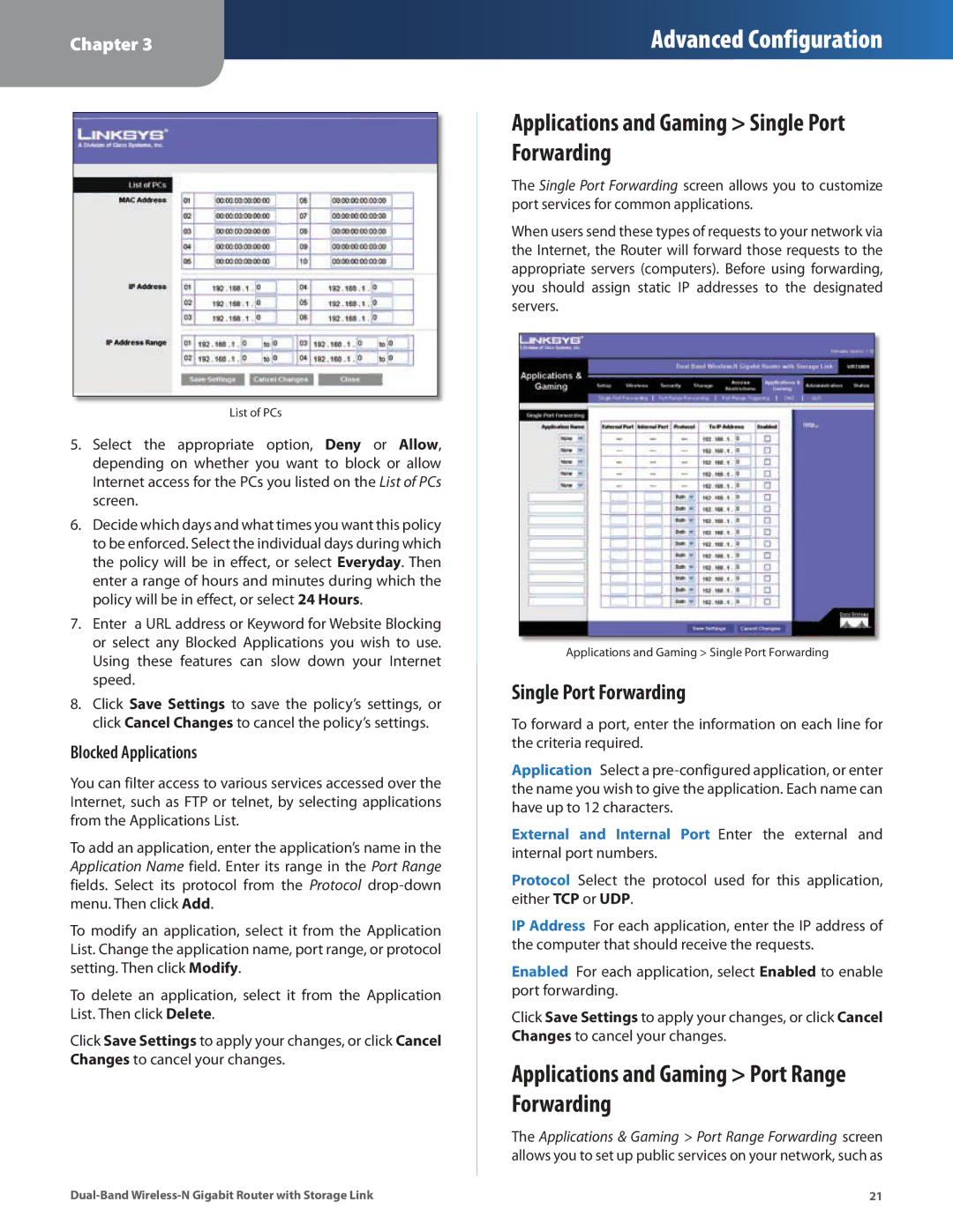 Linksys WRT160N manual Applications and Gaming Single Port Forwarding, Applications and Gaming Port Range Forwarding 