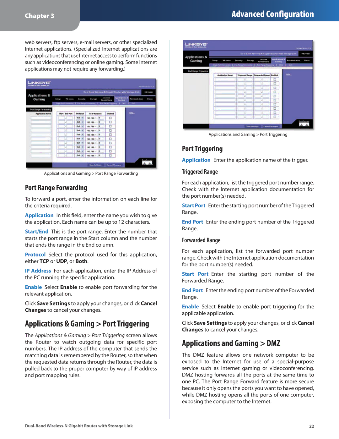 Linksys WRT160N manual Applications and Gaming DMZ, Port Range Forwarding, Applications & Gaming Port Triggering 