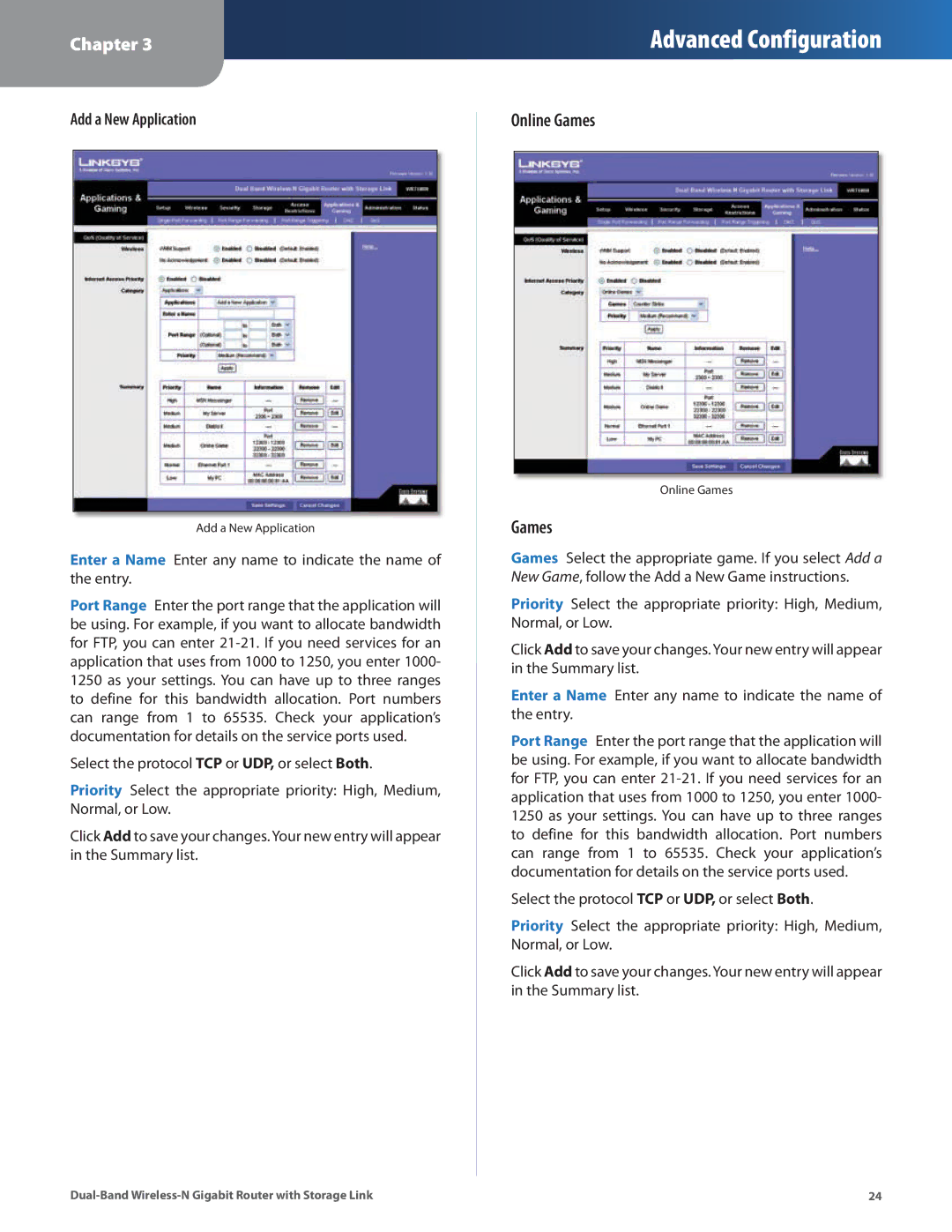 Linksys WRT160N manual Online Games, Add a New Application 