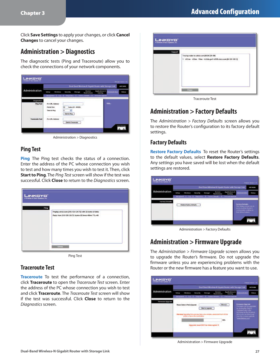 Linksys WRT160N manual Administration Diagnostics, Administration Factory Defaults, Administration Firmware Upgrade 