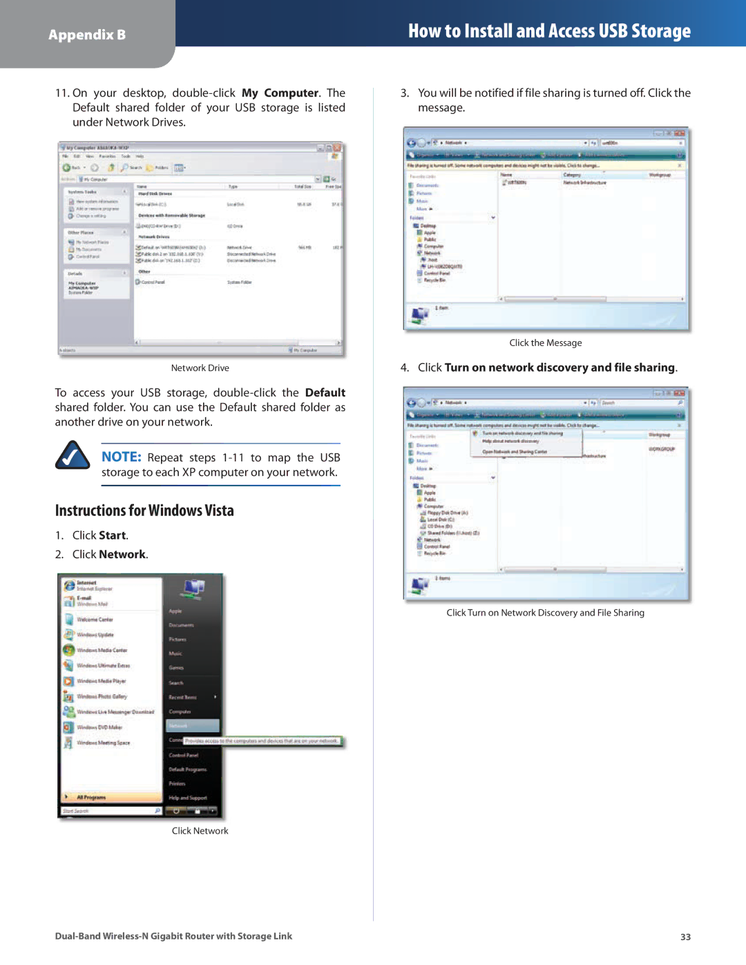 Linksys WRT160N manual Instructions for Windows Vista, Click Turn on network discovery and file sharing 