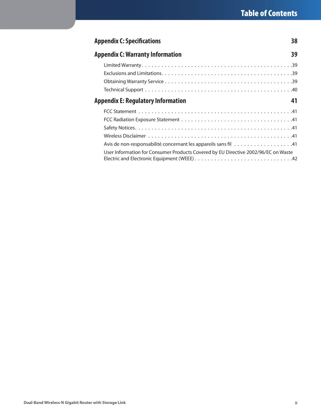 Linksys WRT160N manual Appendix C Specifications Appendix C Warranty Information, Appendix E Regulatory Information 