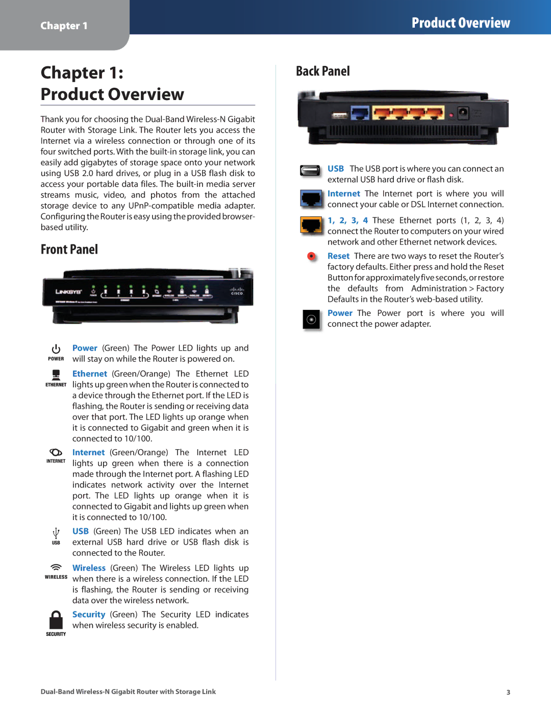 Linksys WRT160N manual Chapter Product Overview, Front Panel, Back Panel 