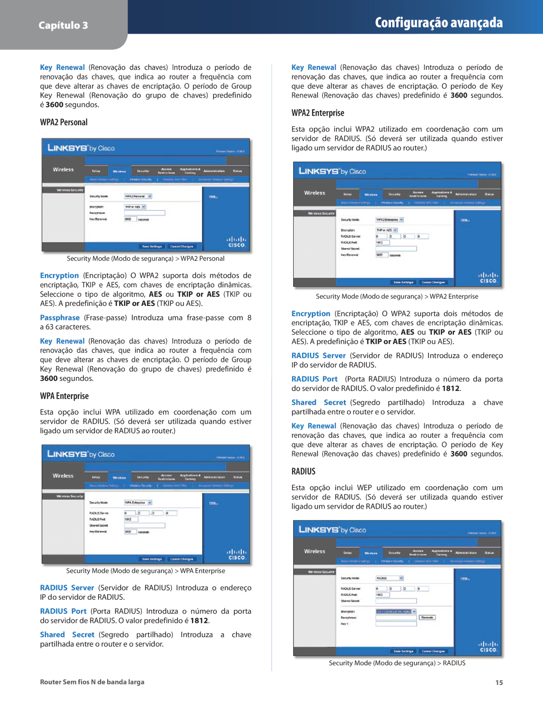 Linksys WRT160N manual Security Mode Modo de segurança WPA Enterprise 