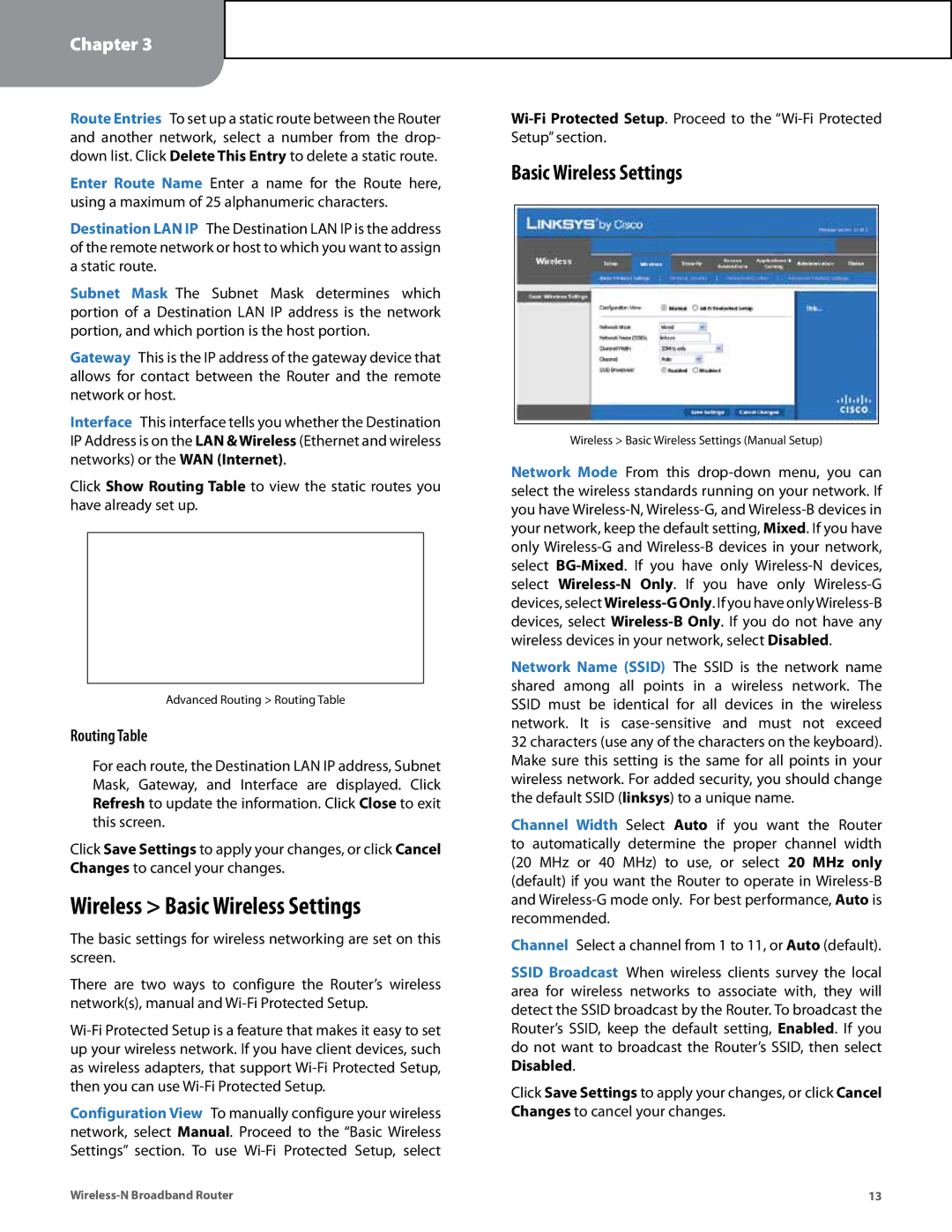 Linksys WRT160N manual Wireless Basic Wireless Settings, Routing Table 