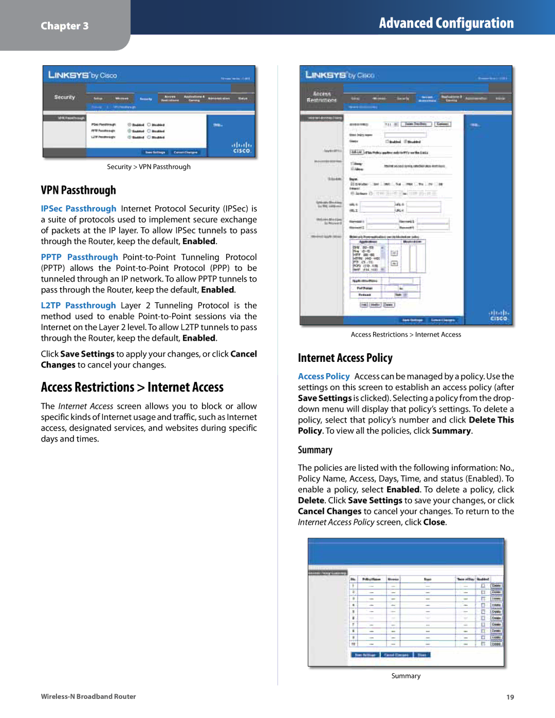 Linksys WRT160N manual VPN Passthrough, Internet Access Policy, Summary 