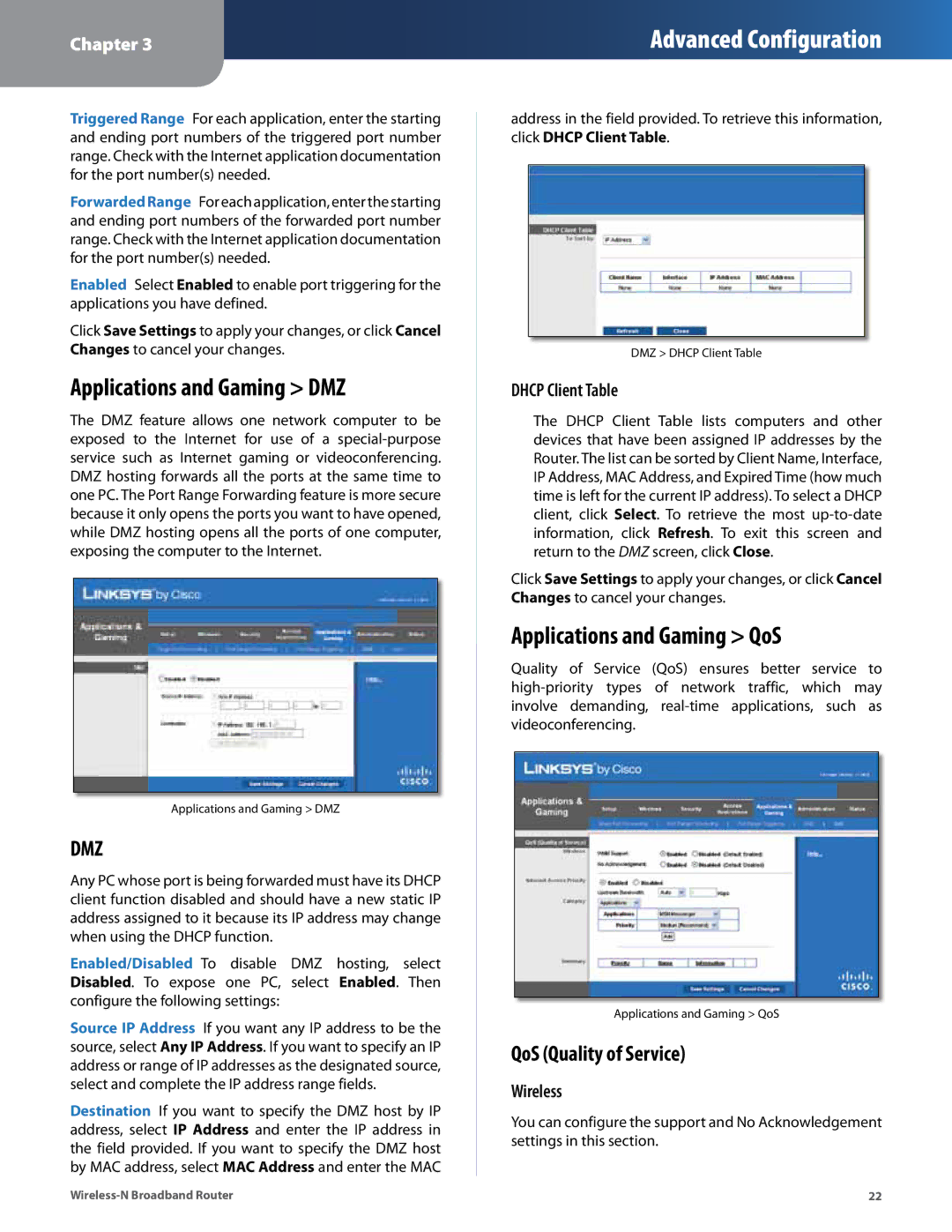 Linksys WRT160N manual Applications and Gaming DMZ, Applications and Gaming QoS, QoS Quality of Service, Dhcp Client Table 