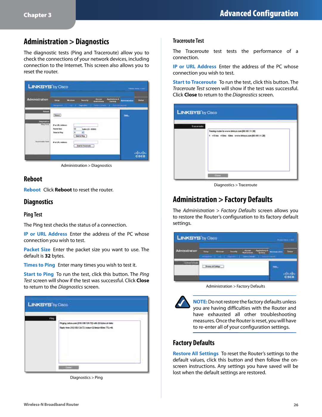 Linksys WRT160N manual Administration Diagnostics, Administration Factory Defaults, Reboot 