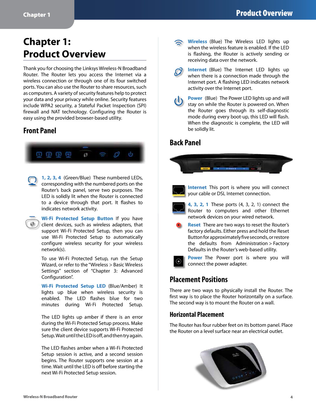 Linksys WRT160N manual Chapter Product Overview, Front Panel, Back Panel, Placement Positions, Horizontal Placement 