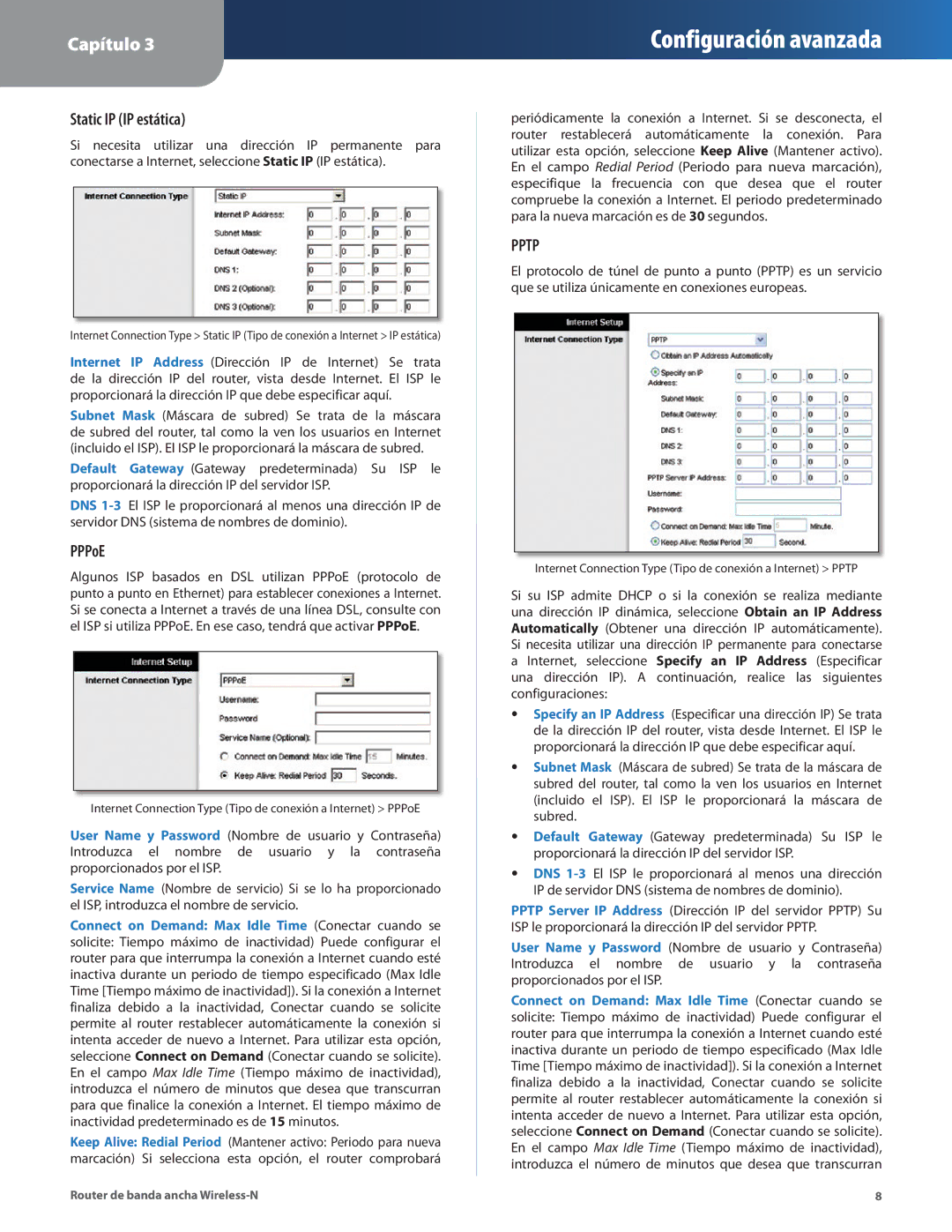 Linksys WRT160N manual Static IP IP estática, Connect on Demand Max Idle Time Conectar cuando se 