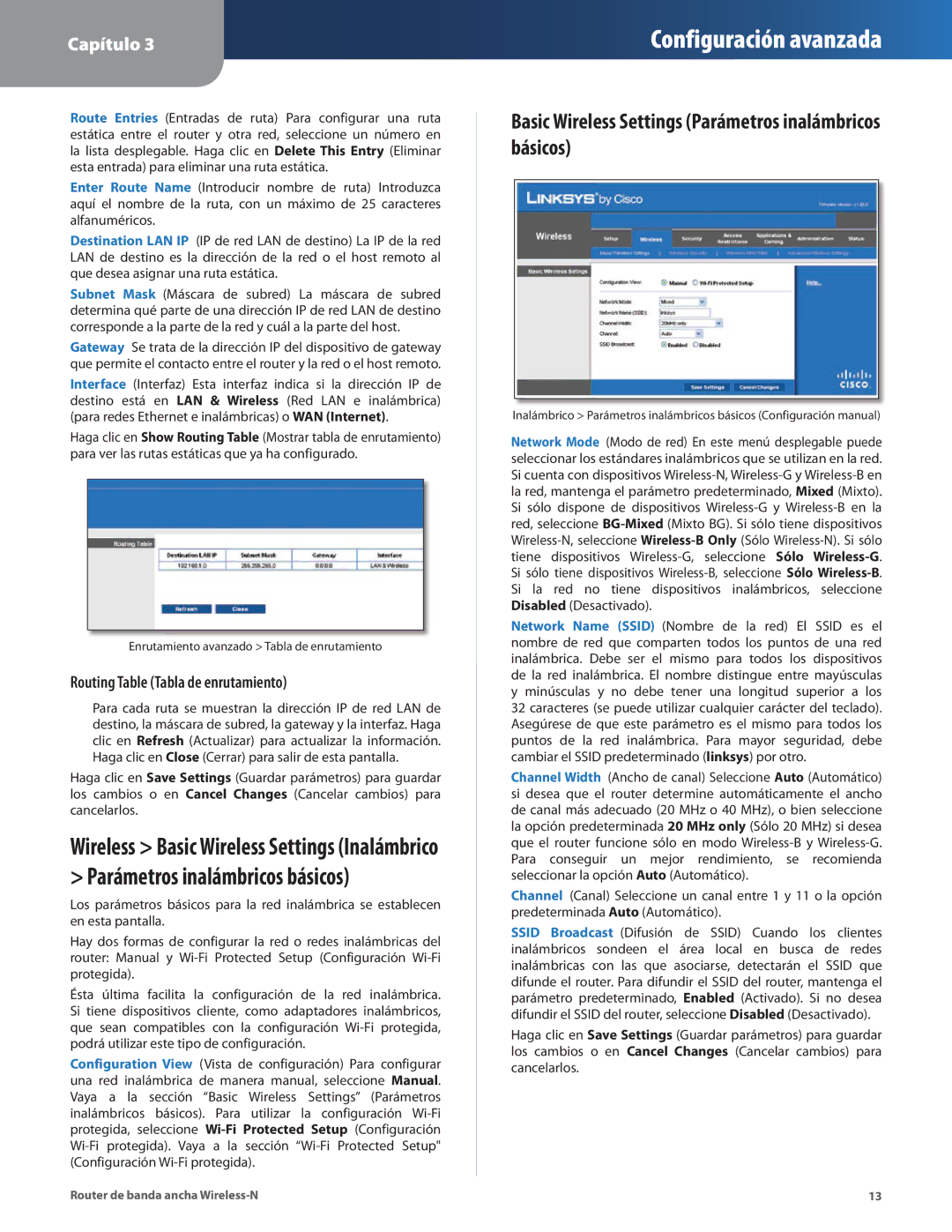 Linksys WRT160N manual Basic Wireless Settings Parámetros inalámbricos básicos, Routing Table Tabla de enrutamiento 