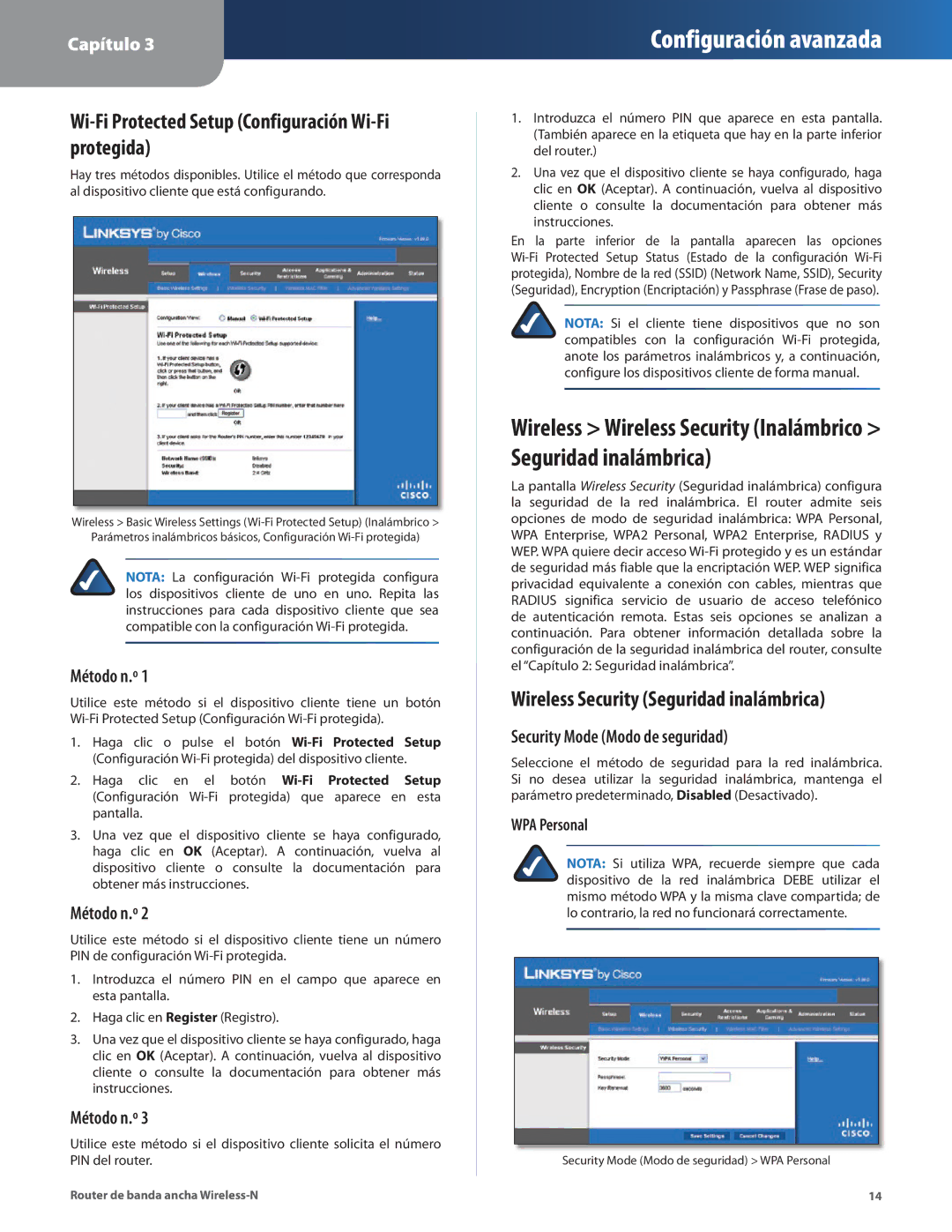 Linksys WRT160N Wi-Fi Protected Setup Configuración Wi-Fi protegida, Wireless Security Seguridad inalámbrica, Método n.º 