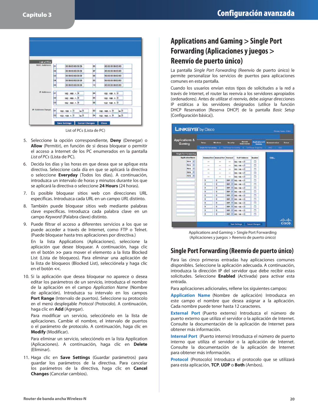 Linksys WRT160N manual Single Port Forwarding Reenvío de puerto único 