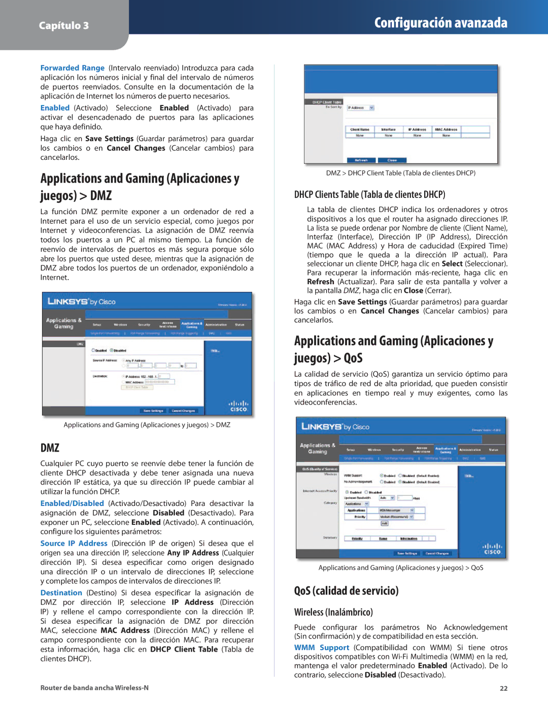 Linksys WRT160N manual Applications and Gaming Aplicaciones y juegos DMZ, Applications and Gaming Aplicaciones y juegos QoS 