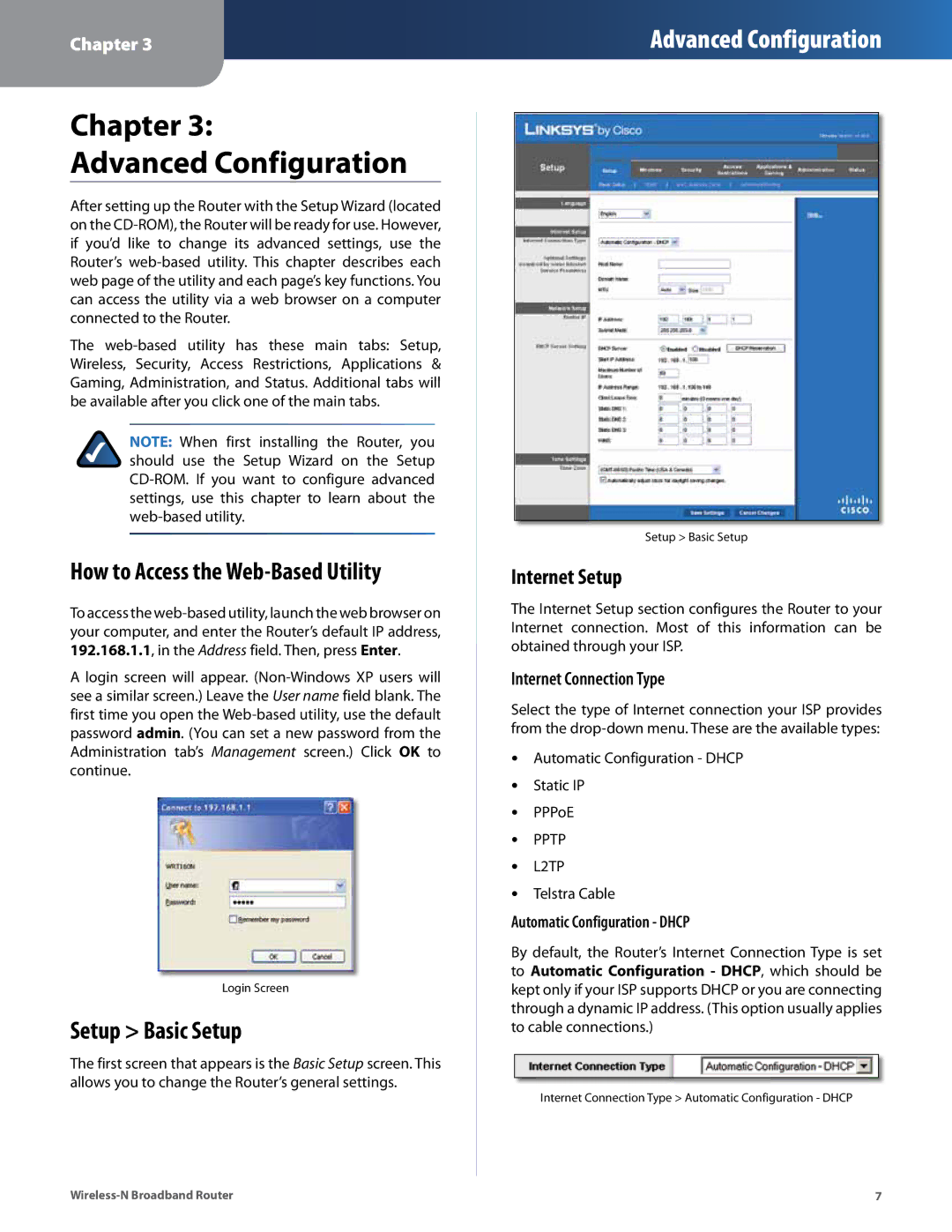 Linksys WRT160N Chapter Advanced Configuration, How to Access the Web-Based Utility, Setup Basic Setup, Internet Setup 
