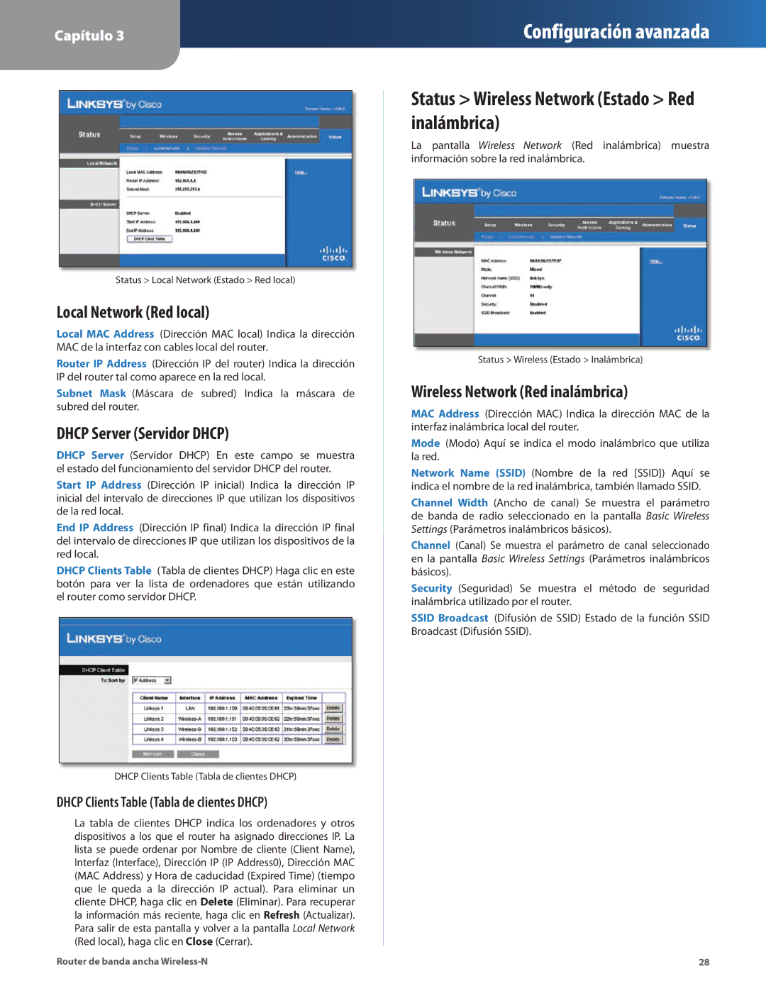 Linksys WRT160N manual Status Wireless Network Estado Red inalámbrica, Local Network Red local, Dhcp Server Servidor Dhcp 