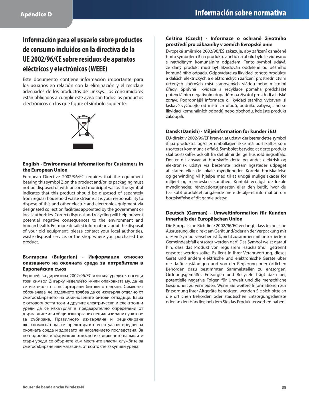 Linksys WRT160N manual Dansk Danish Miljøinformation for kunder i EU 