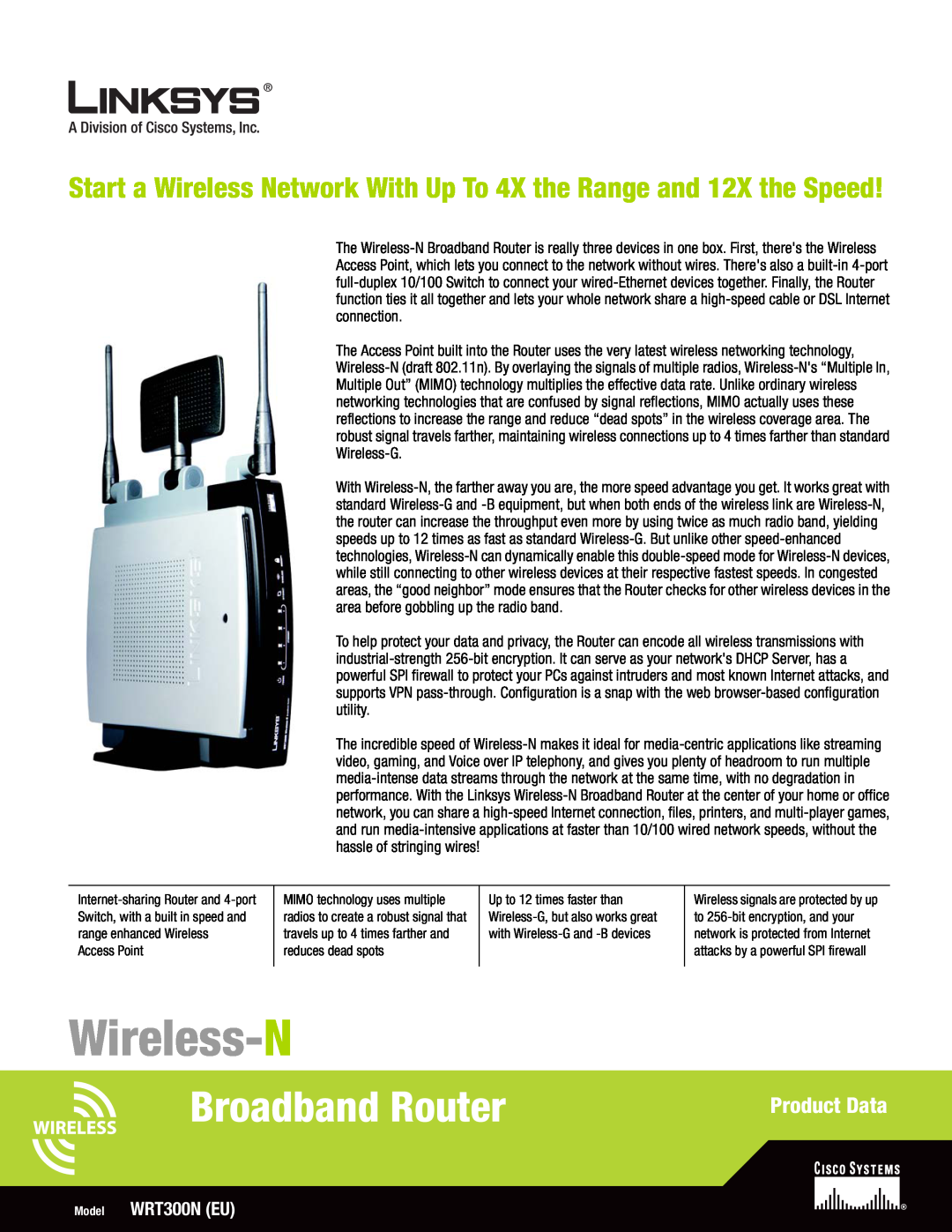 Linksys manual Wireless-N, Model WRT300N EU, Broadband Router, Product Data 