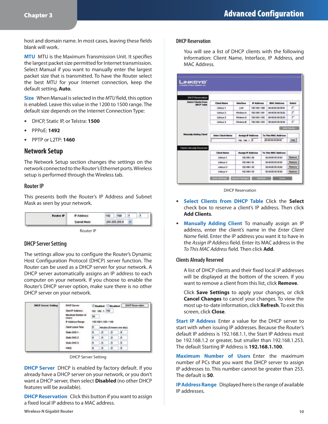 Linksys WRT310N manual Network Setup, Router IP, Dhcp Server Setting, Dhcp Reservation, Clients Already Reserved 