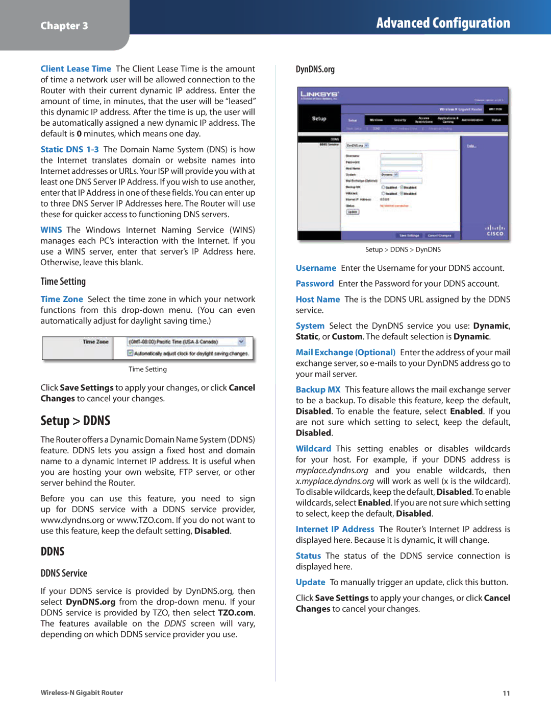 Linksys WRT310N manual Setup Ddns, Time Setting, Ddns Service, DynDNS.org 