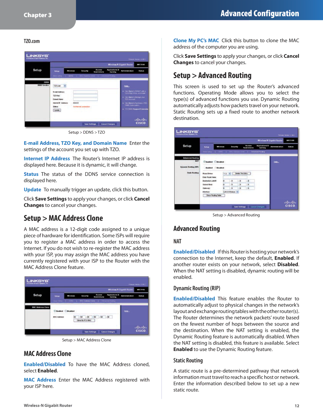 Linksys WRT310N manual Setup MAC Address Clone, Setup Advanced Routing 