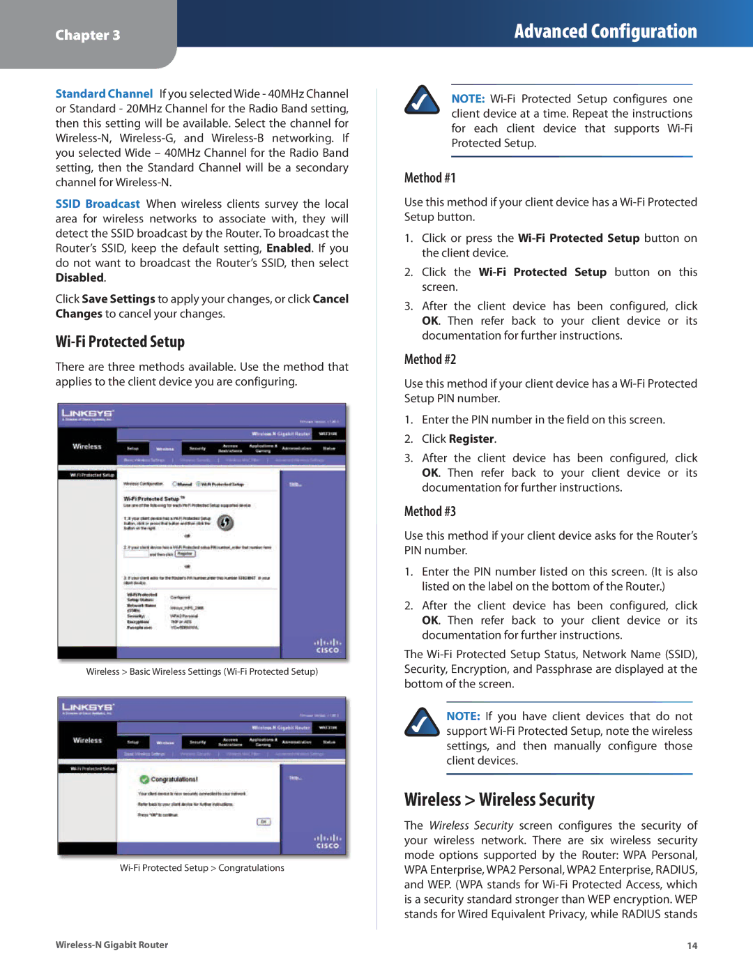 Linksys WRT310N manual Wireless Wireless Security, Wi-Fi Protected Setup, Method #1, Method #2, Method #3 