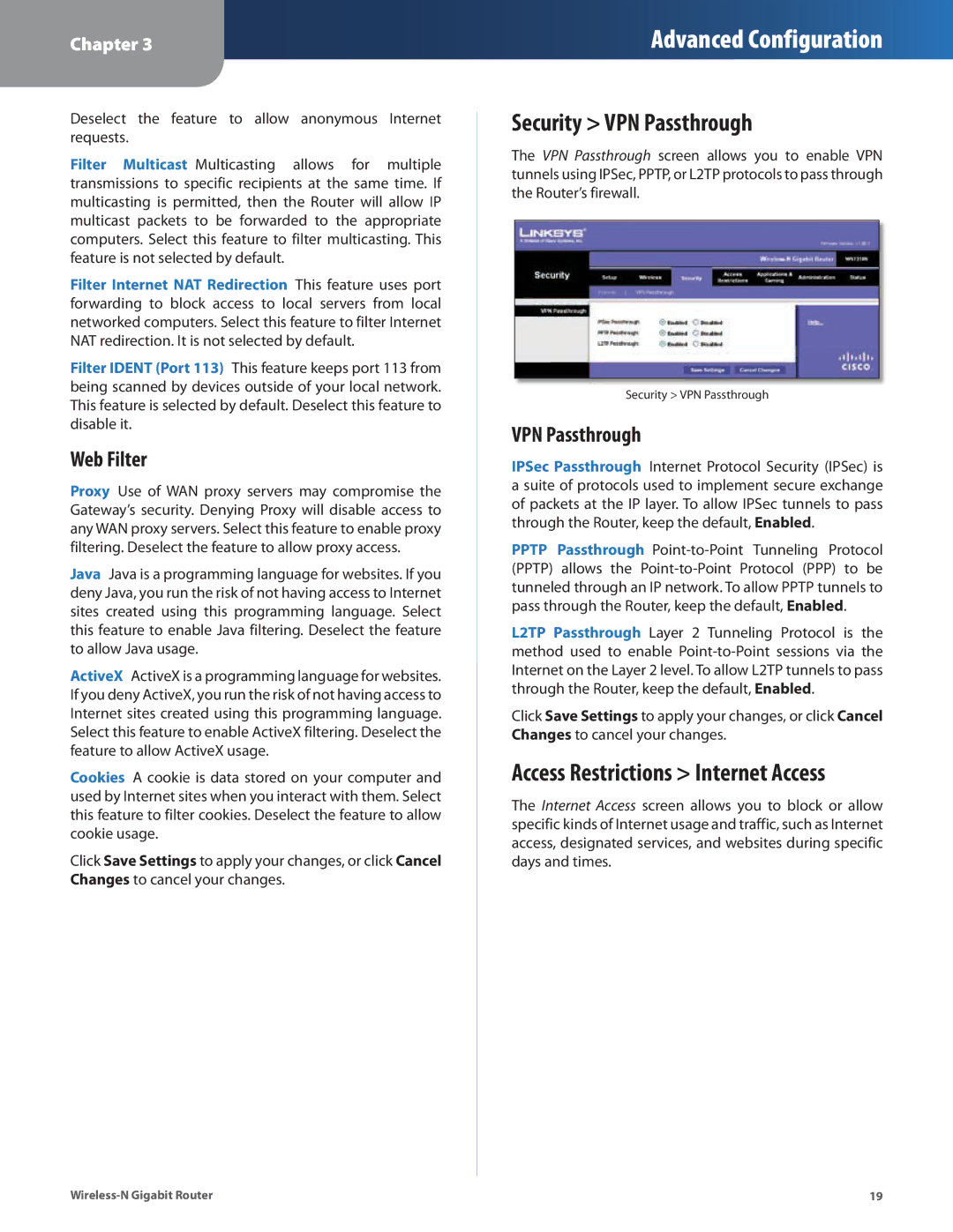 Linksys WRT310N manual Security VPN Passthrough, Web Filter 