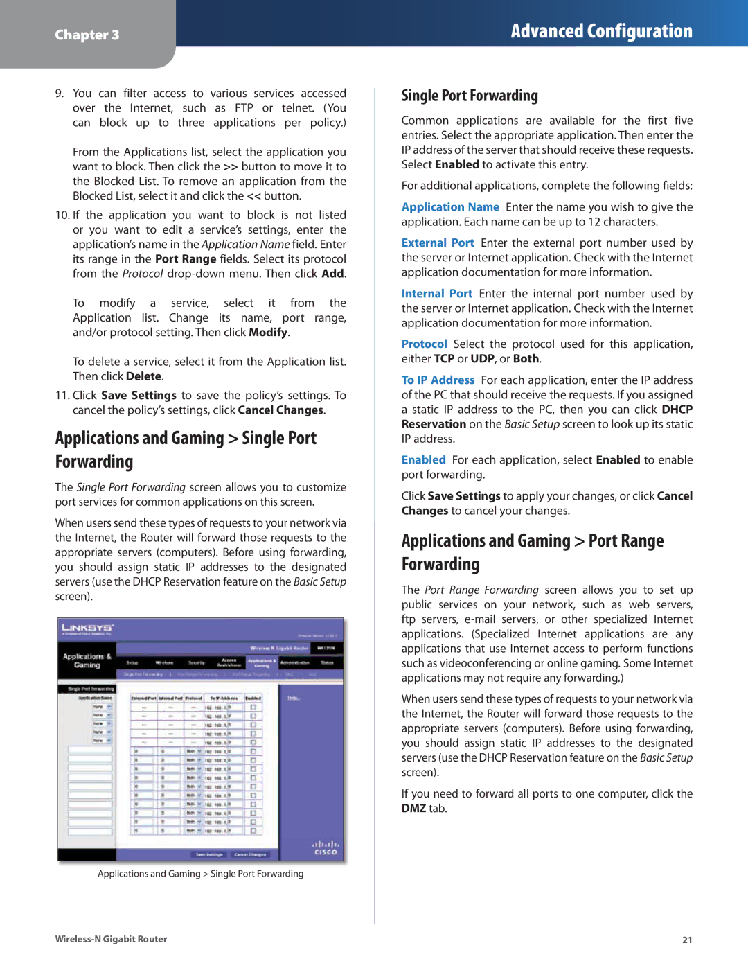 Linksys WRT310N manual Applications and Gaming Single Port Forwarding, Applications and Gaming Port Range Forwarding 