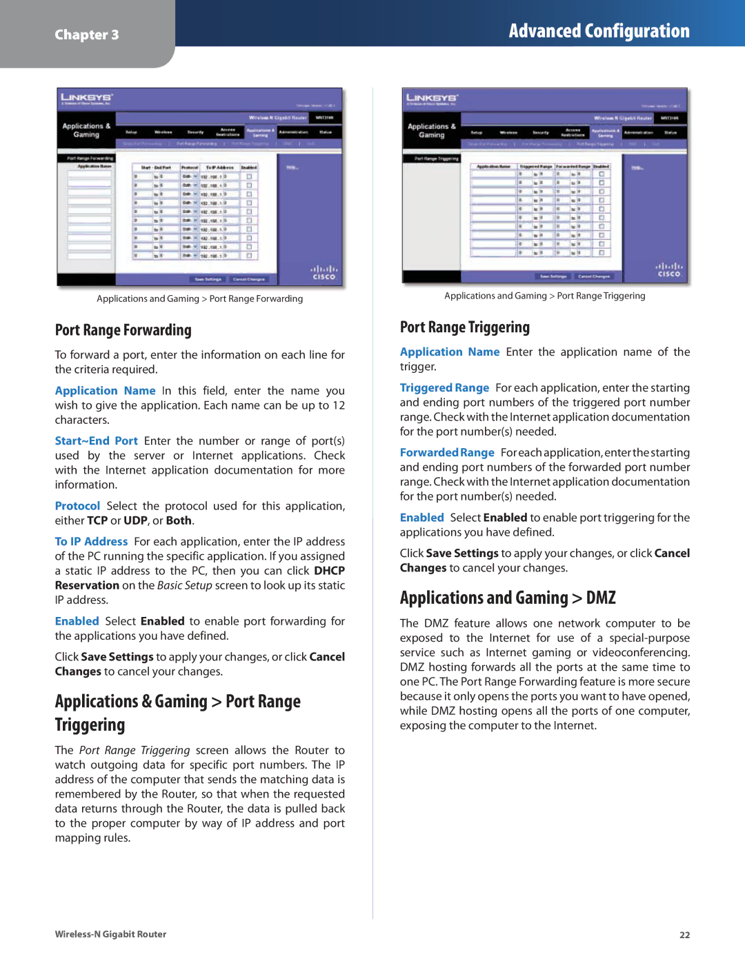 Linksys WRT310N manual Applications & Gaming Port Range Triggering, Applications and Gaming DMZ, Port Range Forwarding 