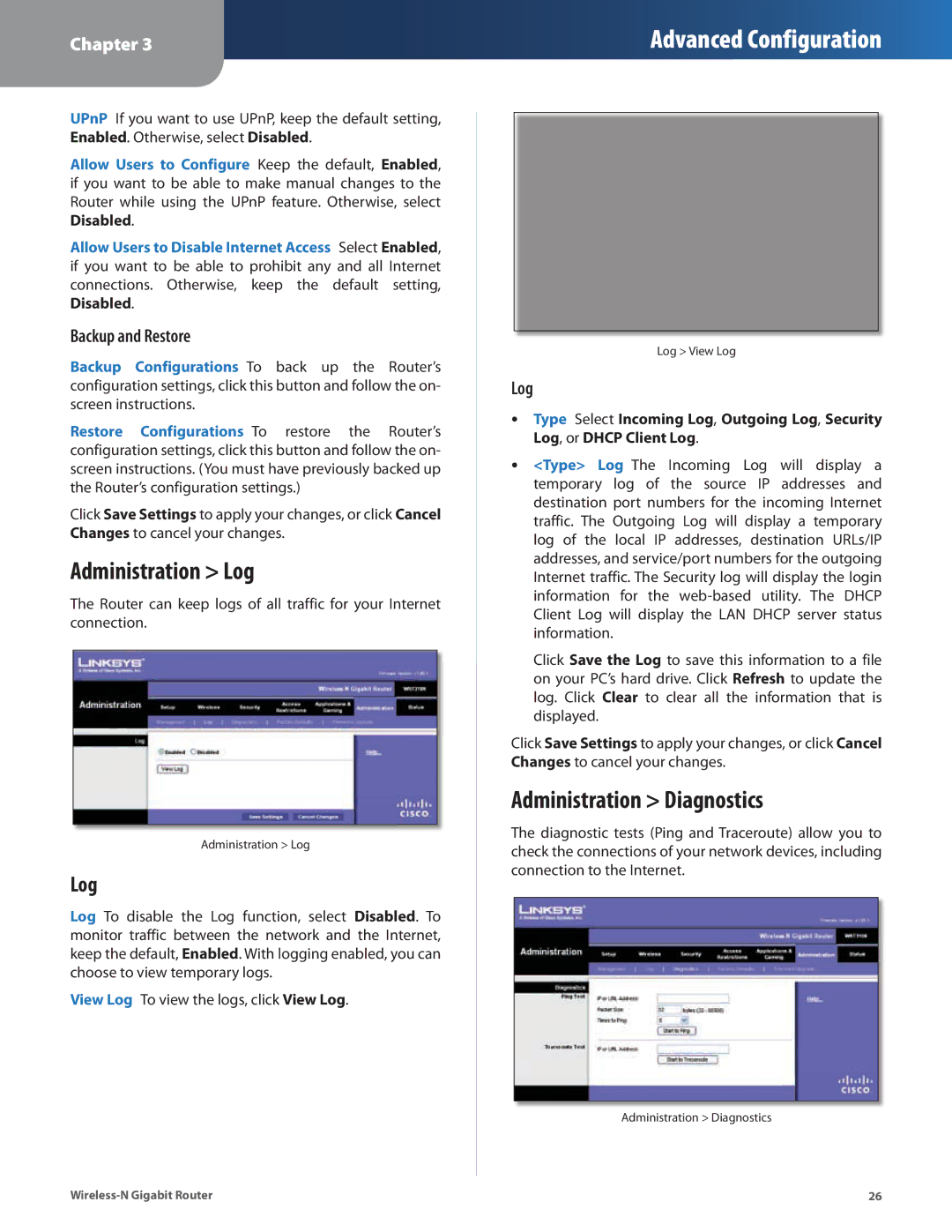 Linksys WRT310N manual Administration Log, Administration Diagnostics, Backup and Restore 