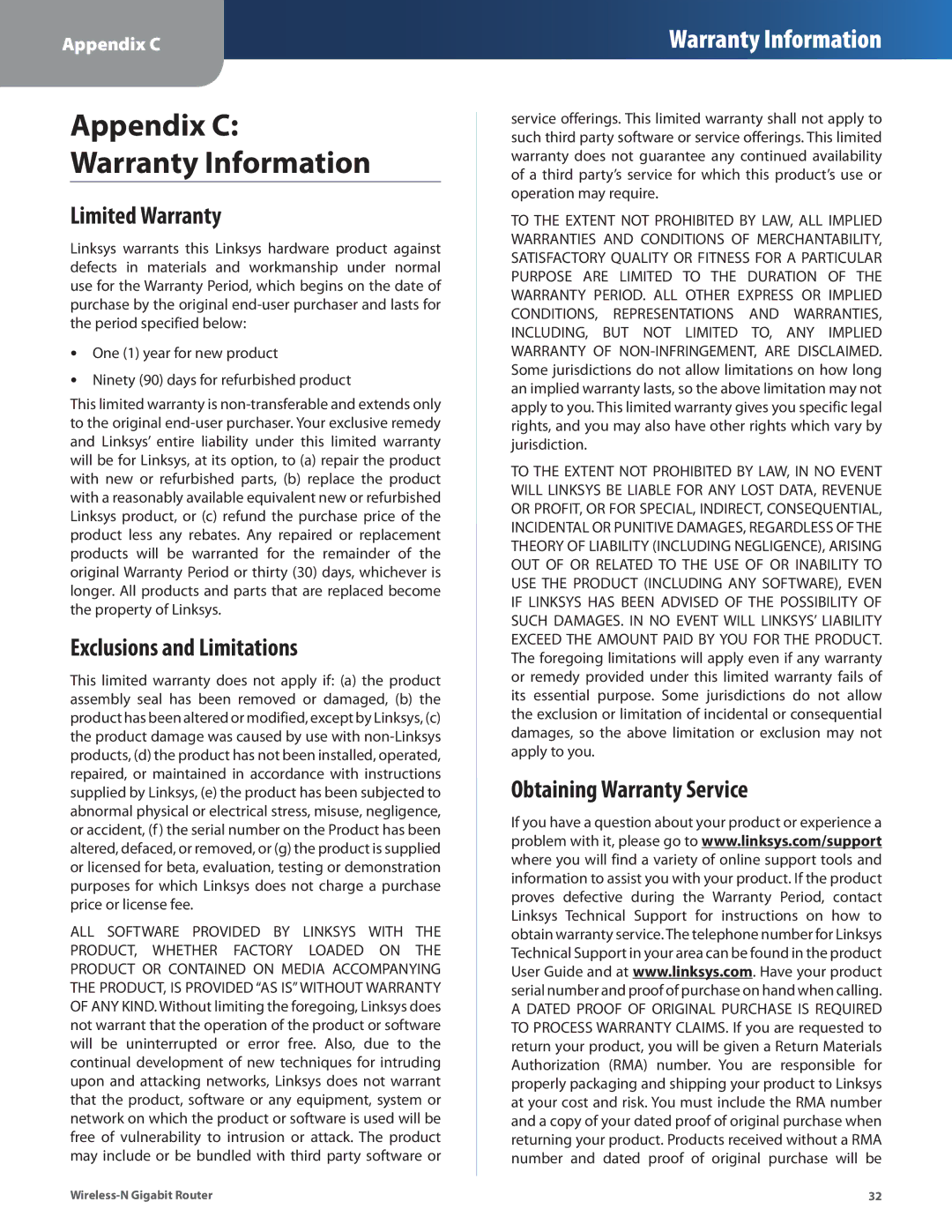 Linksys WRT310N manual Limited Warranty, Exclusions and Limitations, Obtaining Warranty Service 