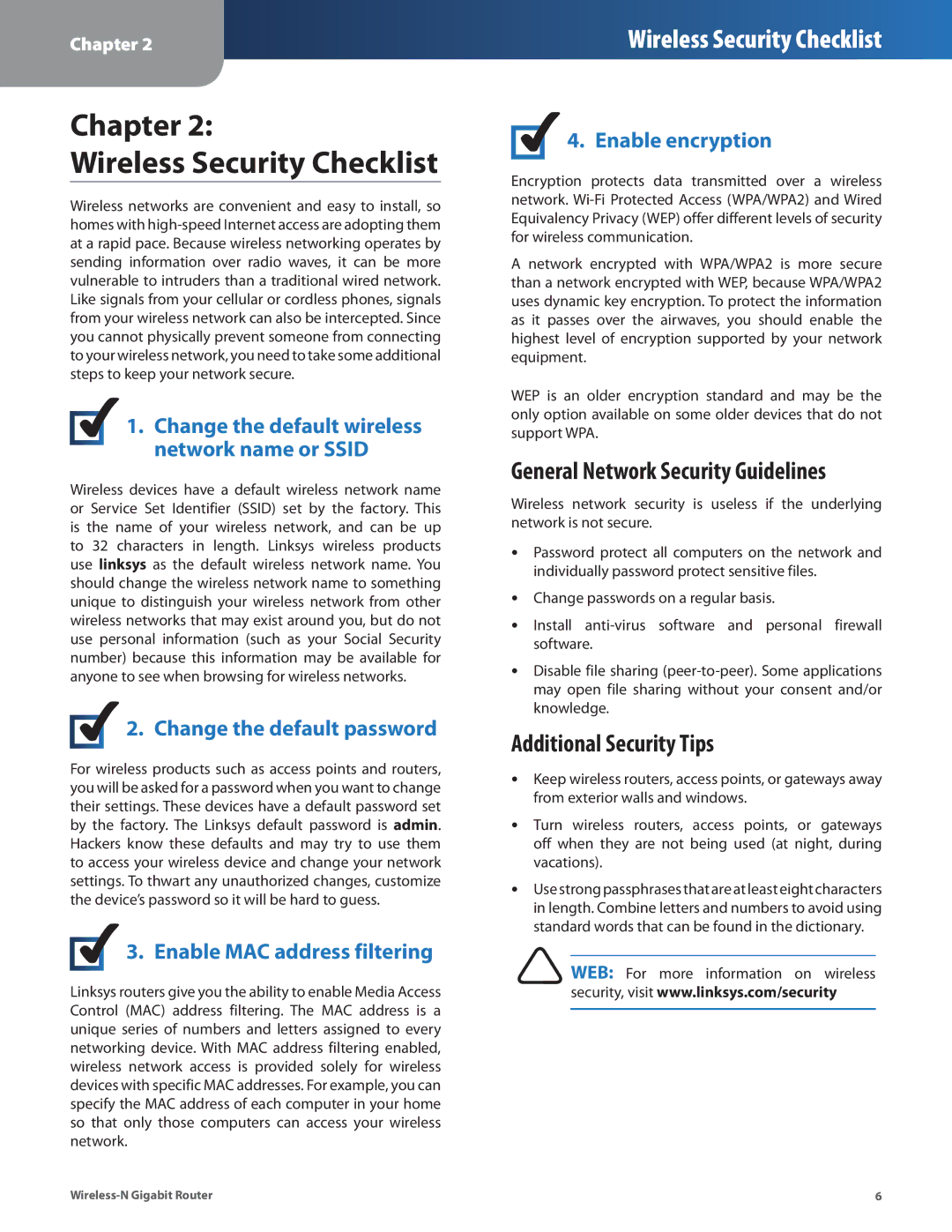 Linksys WRT310N manual General Network Security Guidelines, Additional Security Tips 