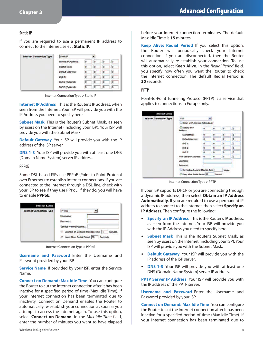 Linksys WRT310N manual Static IP, PPPoE 