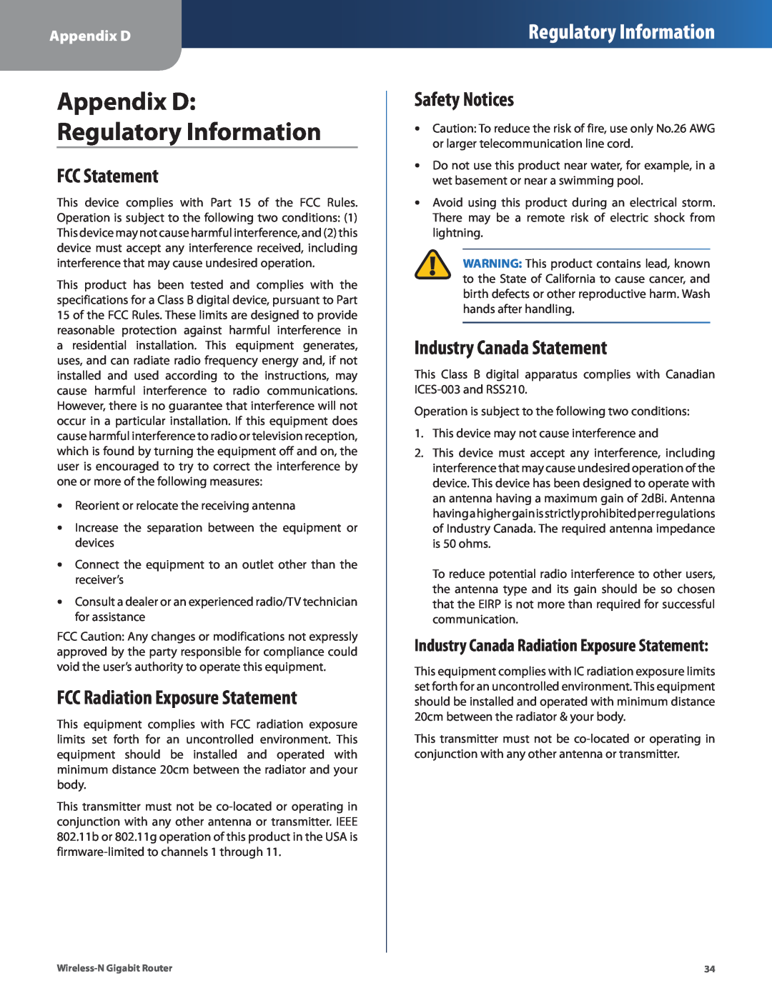 Linksys WRT310N manual Appendix D Regulatory Information, FCC Statement, FCC Radiation Exposure Statement, Safety Notices 