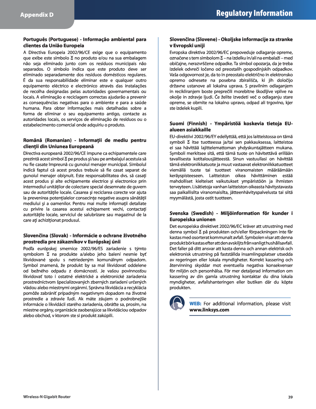 Linksys WRT310N Regulatory Information, Appendix D, Slovenčina Slovene - Okoljske informacije za stranke v Evropski uniji 